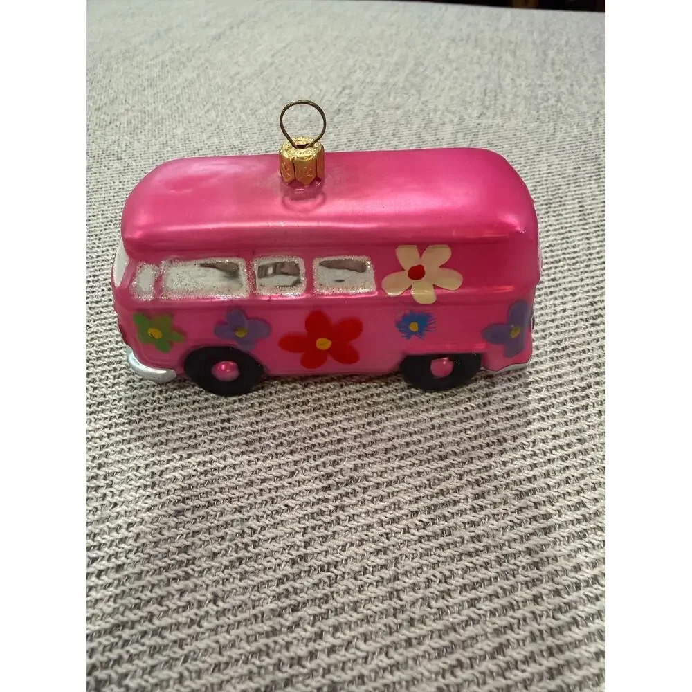 Hippie Bus Glass Christmas Ornament Pink Retro Van Peace Flower Power.